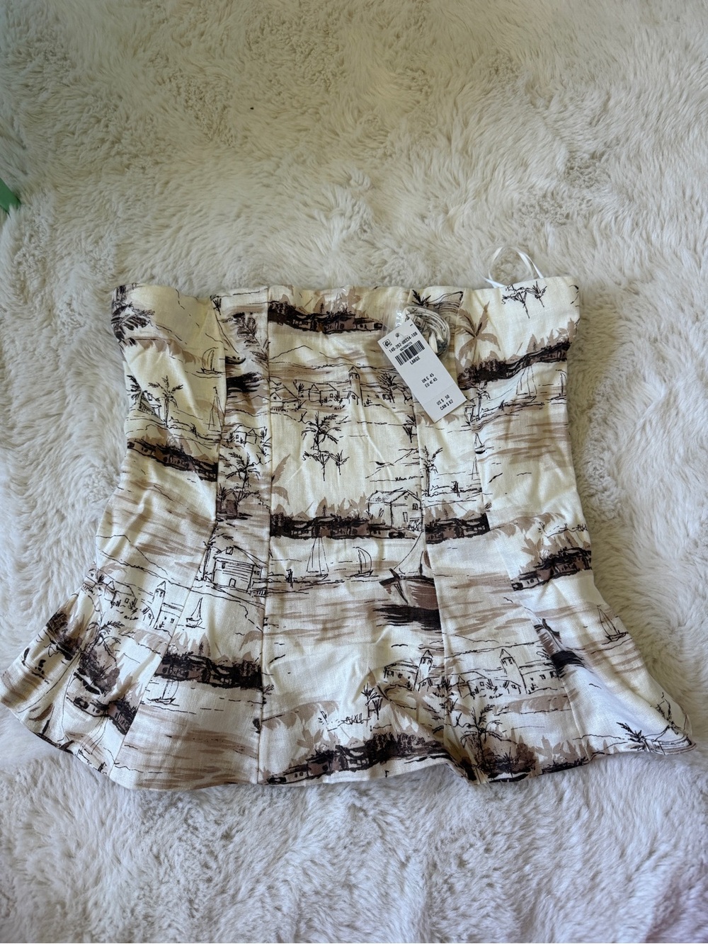 Abercrombie & Fitch Cream and Brown Printed Peplum Strapless Top